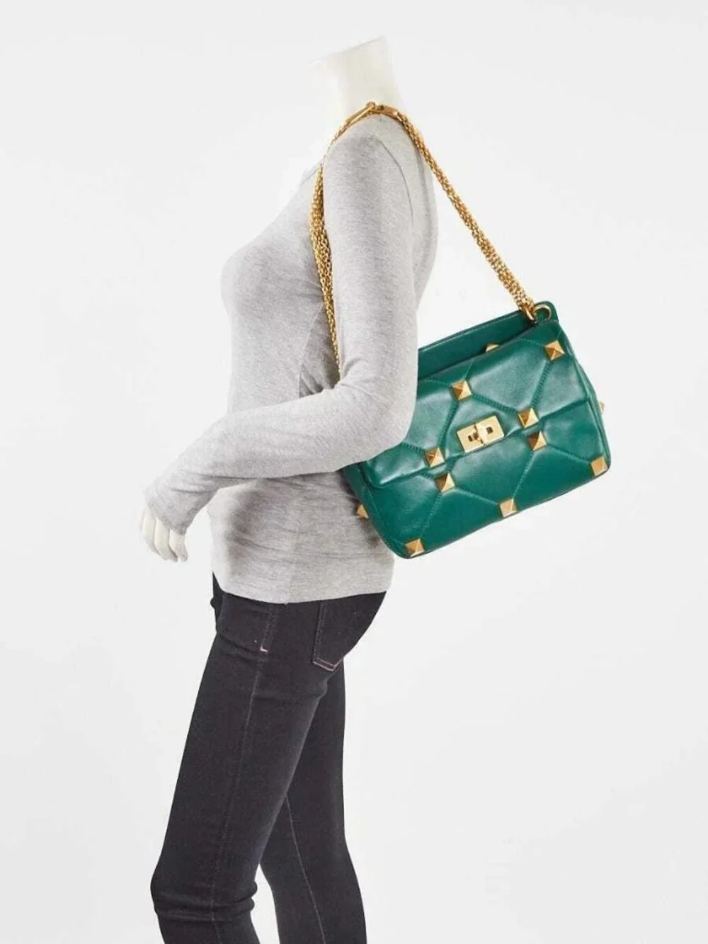 Valentino Jungle Green Nappa Leather Roman Stud Medium Shoulder Bag - Picture 2 of 10